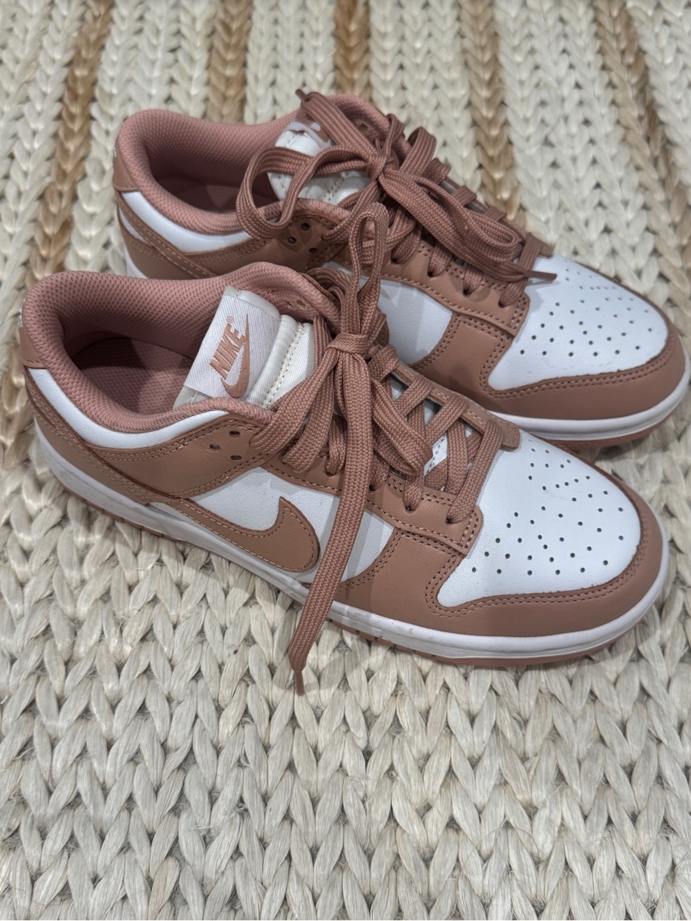 Nike Women’s Dunk Low Sneakers in White and Rose Whisper Pink in Size 7.5